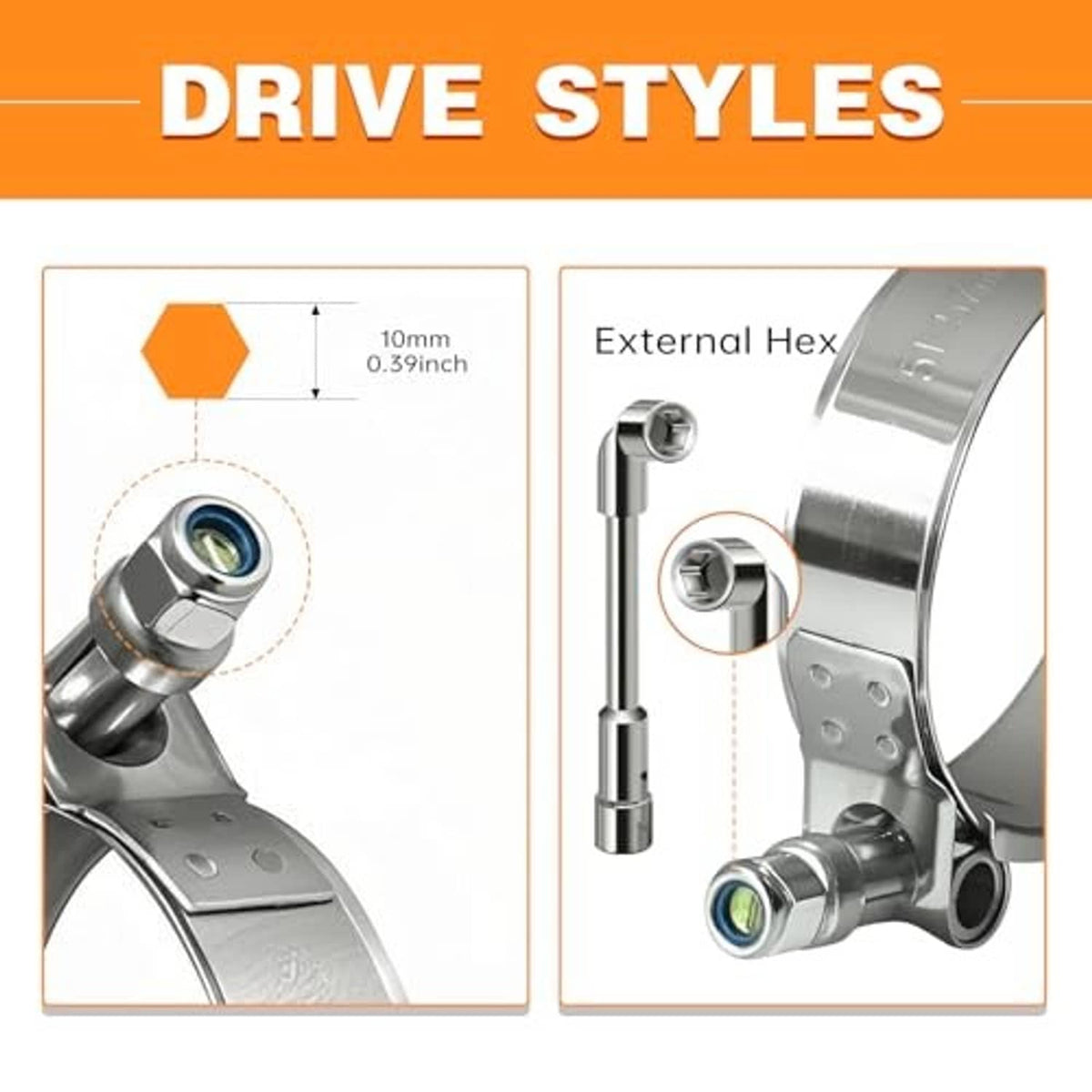 T-bolt hose clamp drive styles close-up, external hex bolt and socket nut