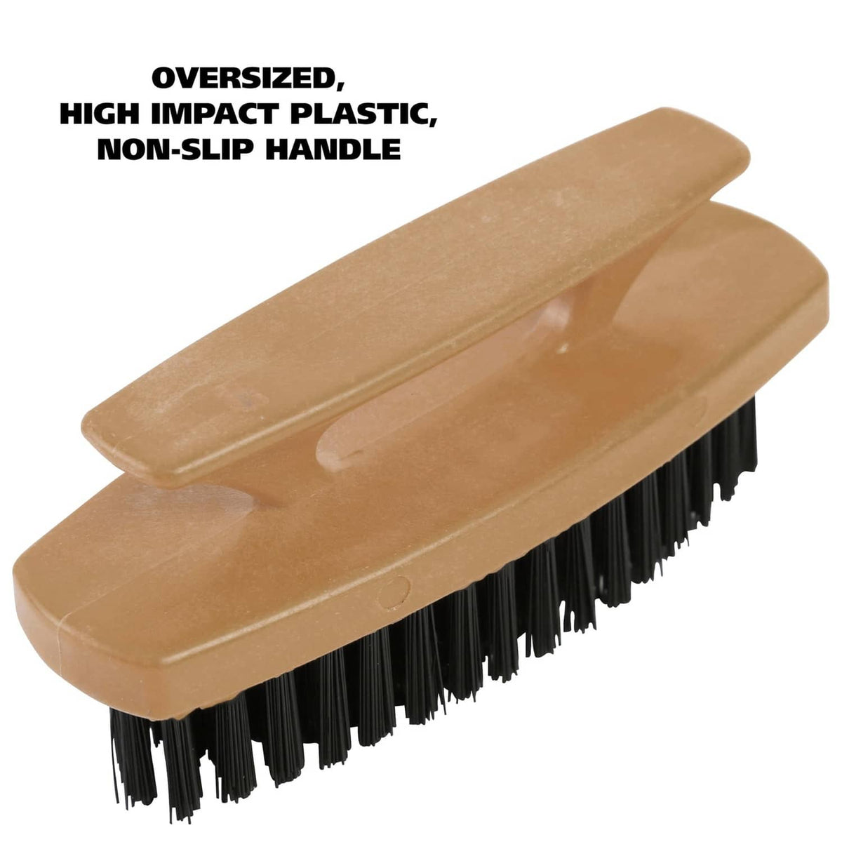 Nail brush with oversized tan plastic handle and dense black bristles