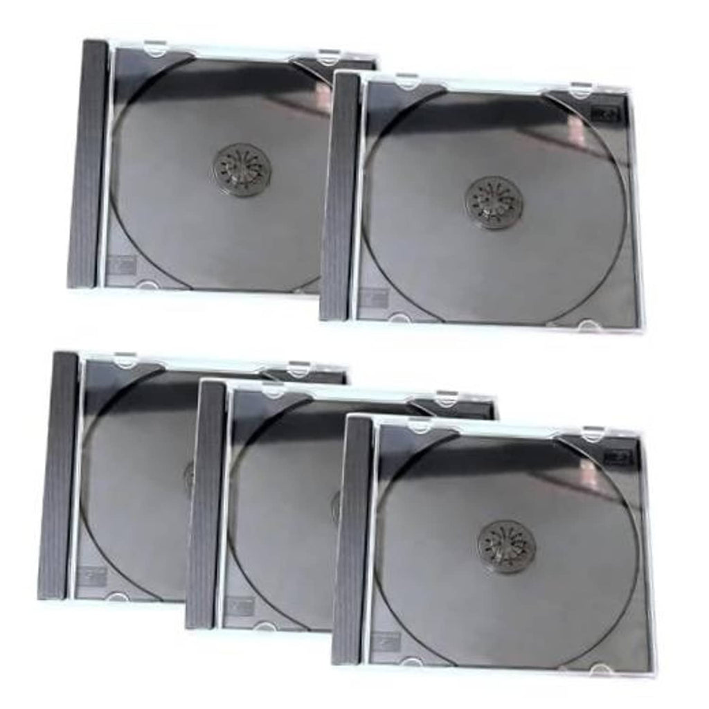 Clear rigid plastic CD jewel cases set, five single-disc holders with black trays