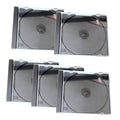 Clear rigid plastic CD jewel cases set, five single-disc holders with black trays
