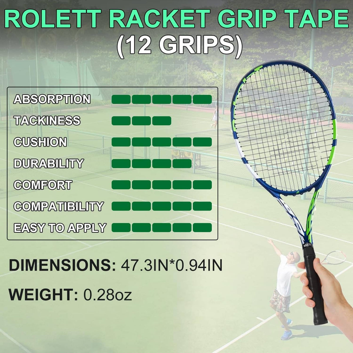 Black racket grip tape set on a tennis racket handle with ROLETT branding