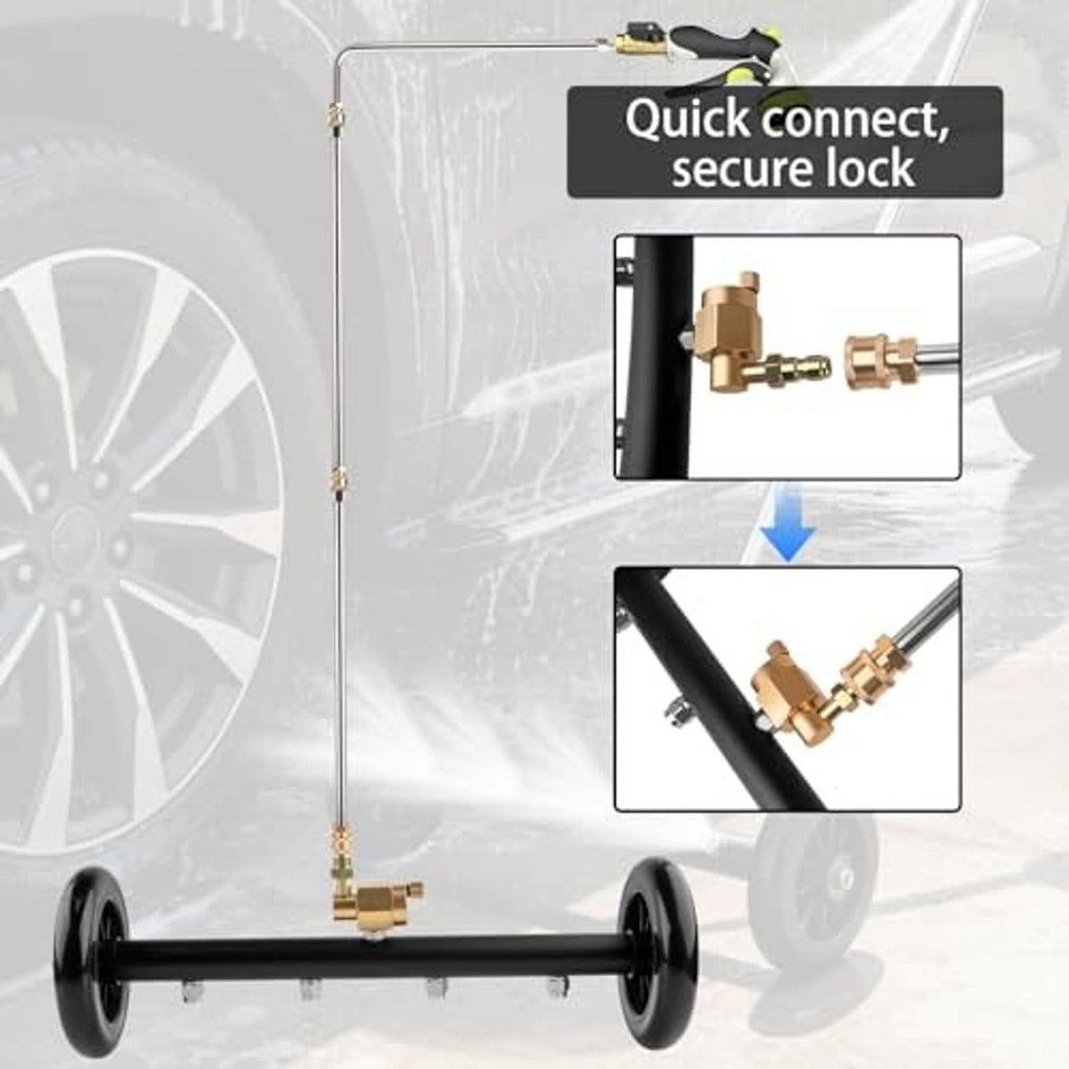 Undercarriage washer with brass quick-connect fittings and black wheel base