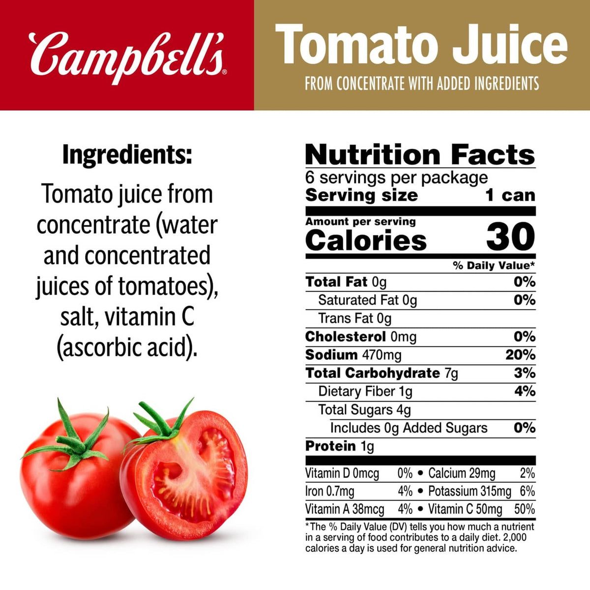 Campbell's tomato juice can label with ingredients and Nutrition Facts