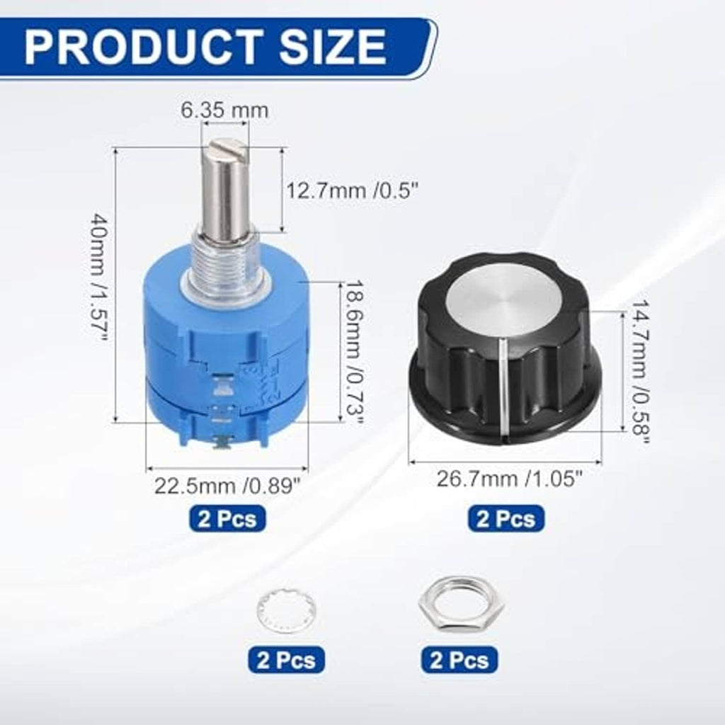 Rotary potentiometer set showing blue housing, black adjustment knob, dimensions