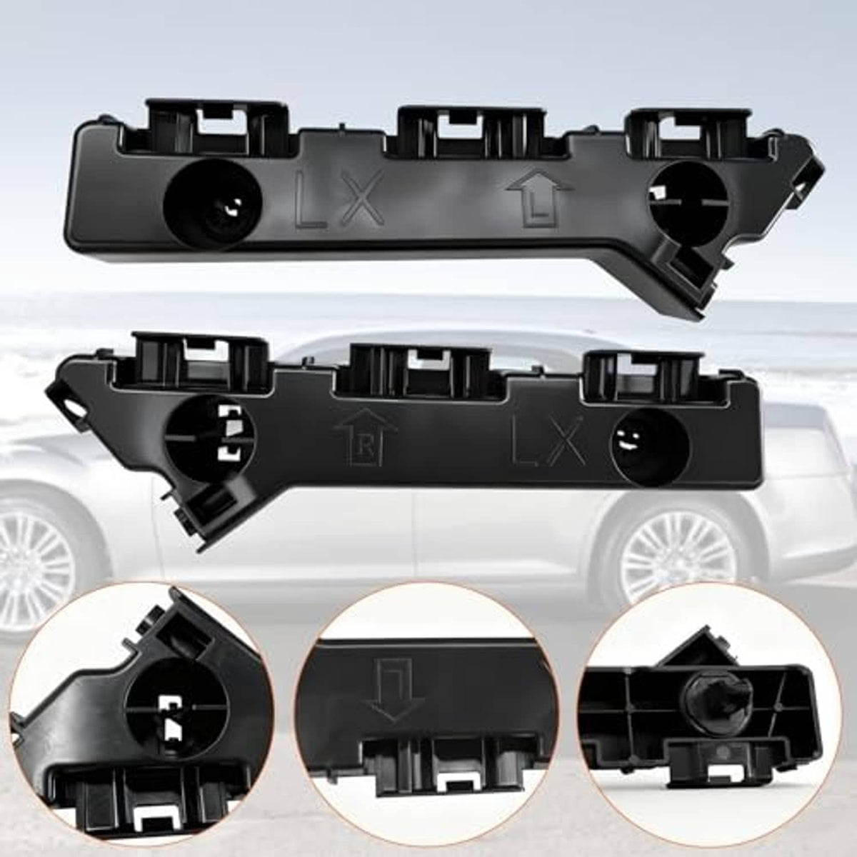 Black plastic bumper bracket pair with round ports, mounting points, and tabs