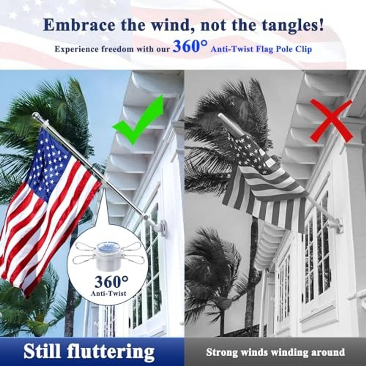 Flagpole clip and stainless pole pieces with anti-twist style mounting