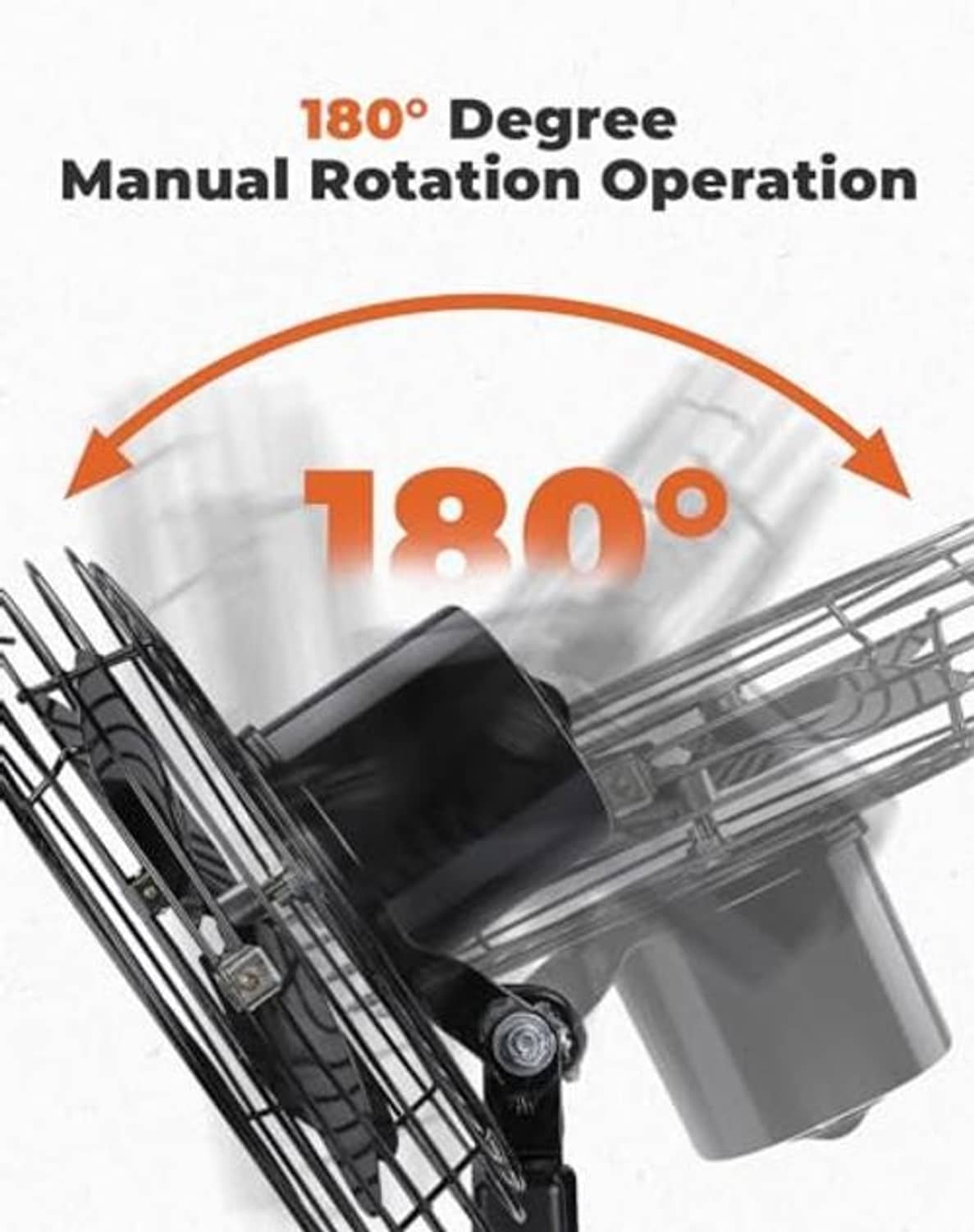 12V cooling fan head manually rotates up to 180 degrees, with protective grille