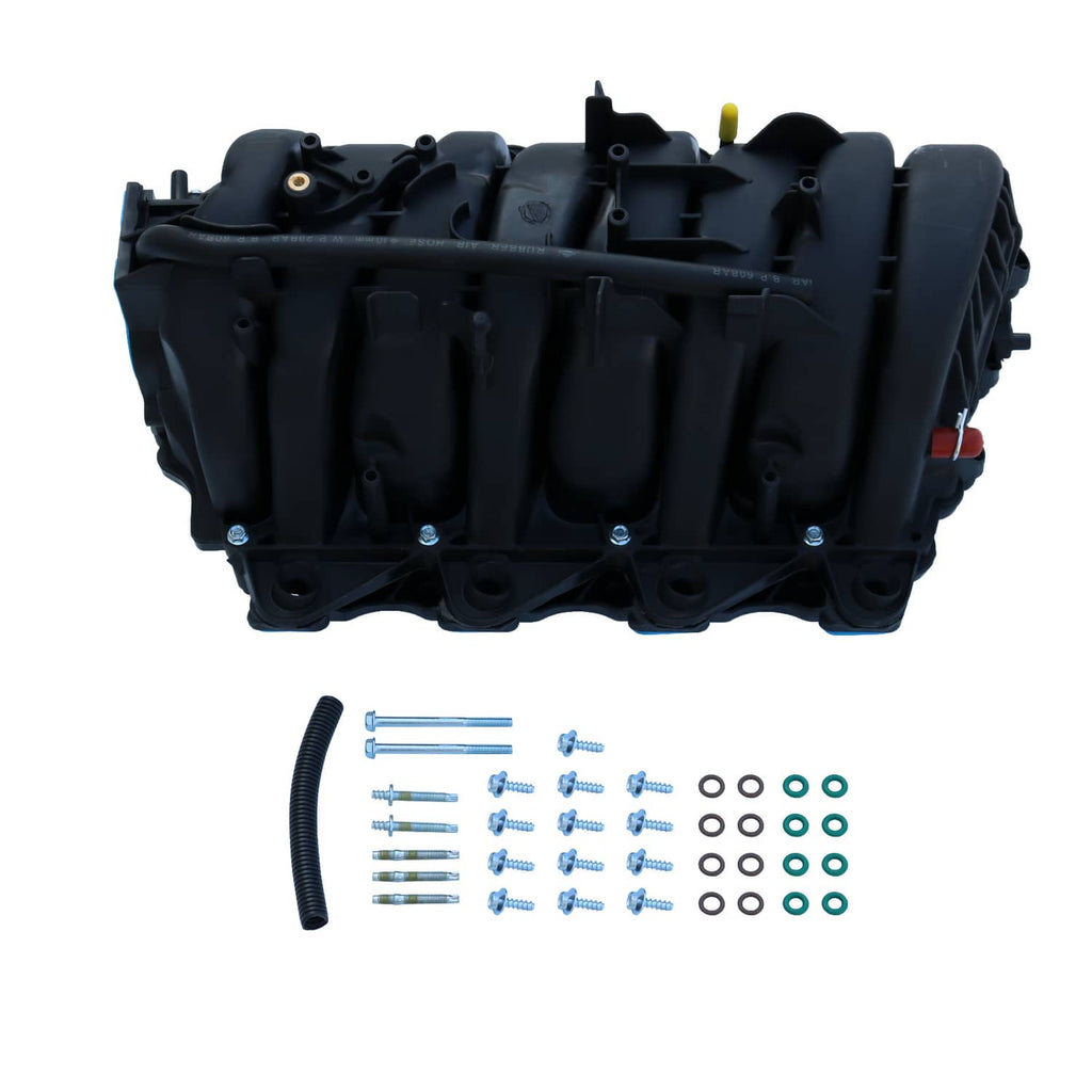 Intake manifold top view with black housing; includes black ribbed hose and fasteners