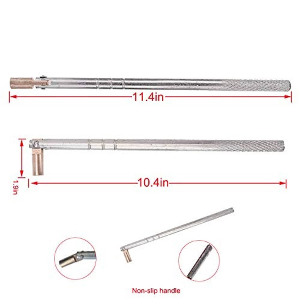 Tire valve stem tool with non-slip red/metal handle and length measurement