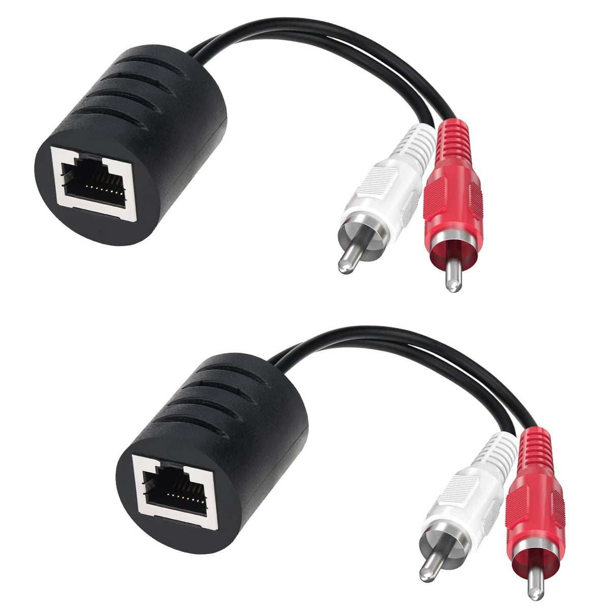 Two-piece stereo audio RCA extender with RJ45 and red/white RCA output