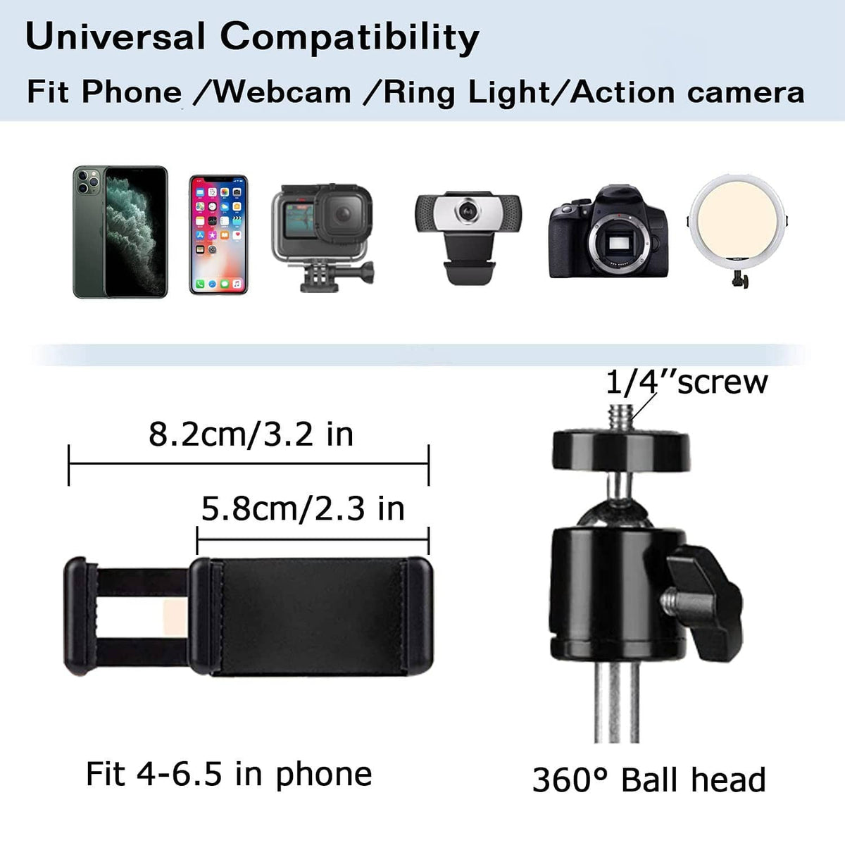 Black overhead tripod mount with 1/4 screw ball head for phone and cameras