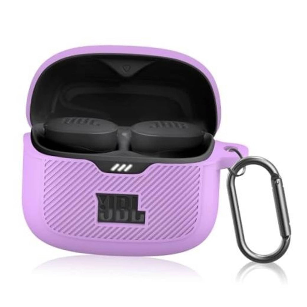 Purple silicone earbuds case, open lid, textured grip, JBL logo