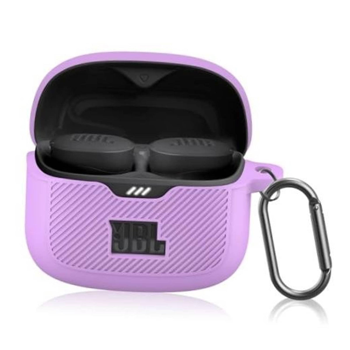 Purple silicone earbuds case, open lid, textured grip, JBL logo