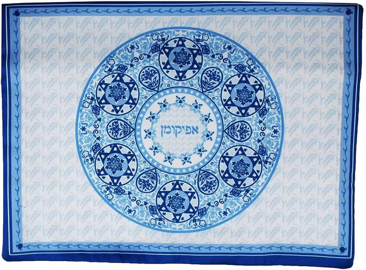 Blue-and-white square Passover table centerpiece with centered circular motif