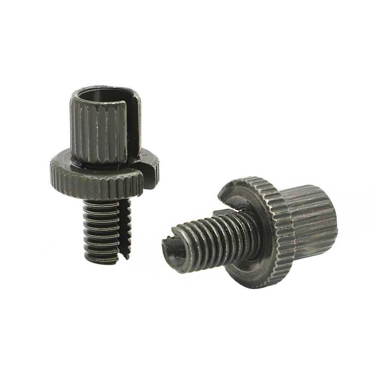 Cable adjuster nut and bolt pair with ribbed collars and threaded stem, metal