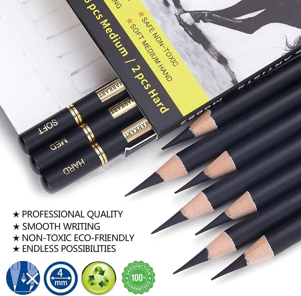 Charcoal drawing pencils bundle, black barrels with tan tips and gold bands