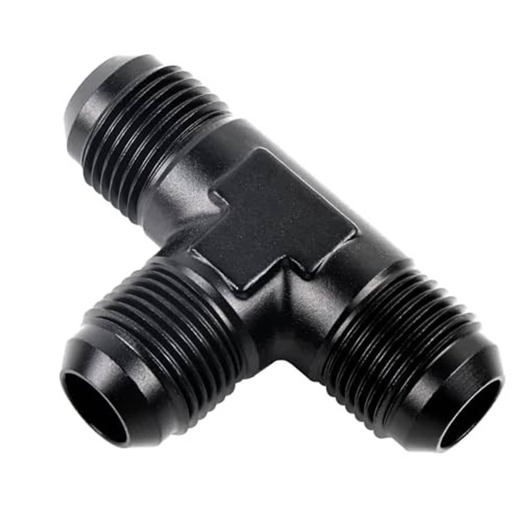 Black 10AN male flare T-union adapter, threaded ends on three ports