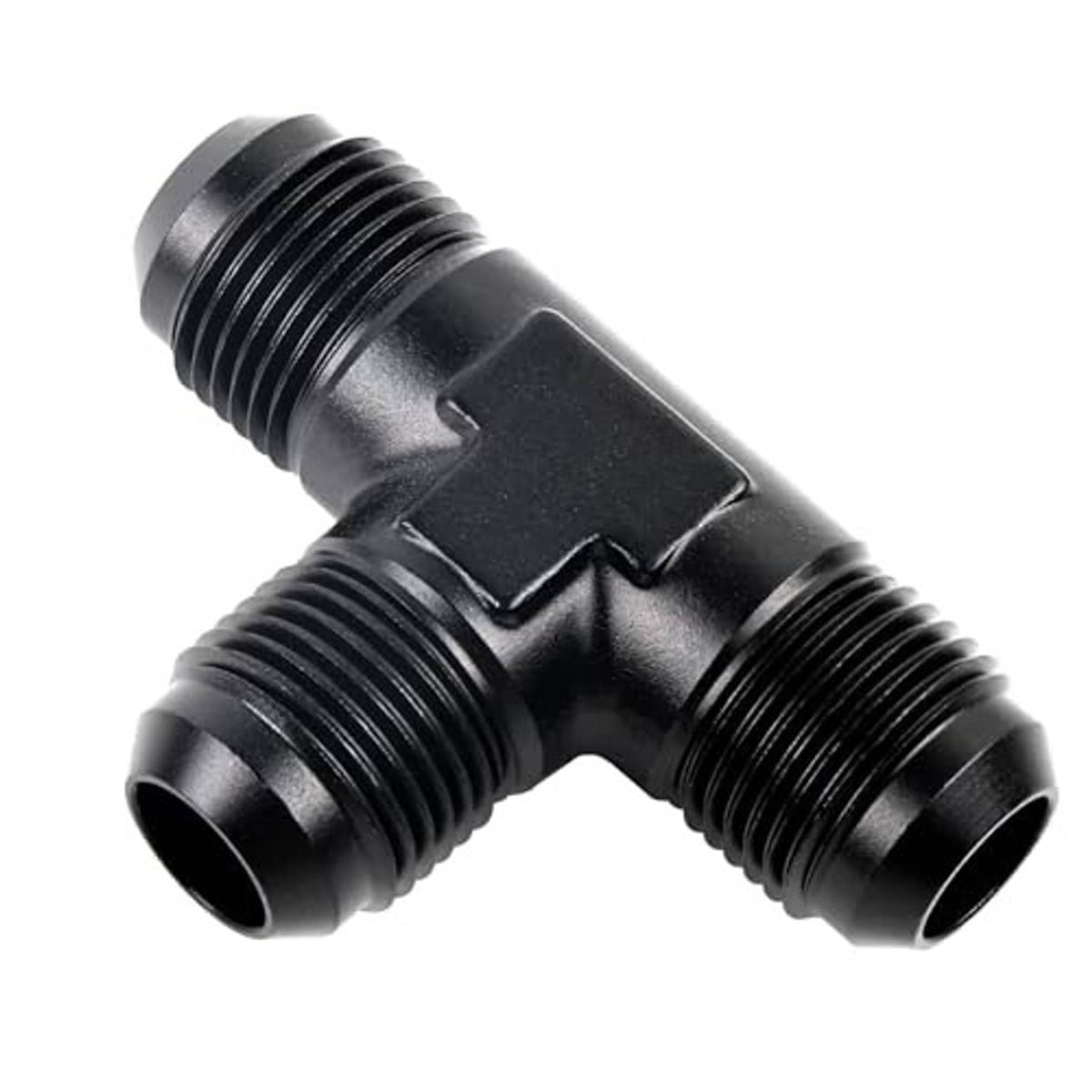 Black 10AN male flare T-union adapter, threaded ends on three ports