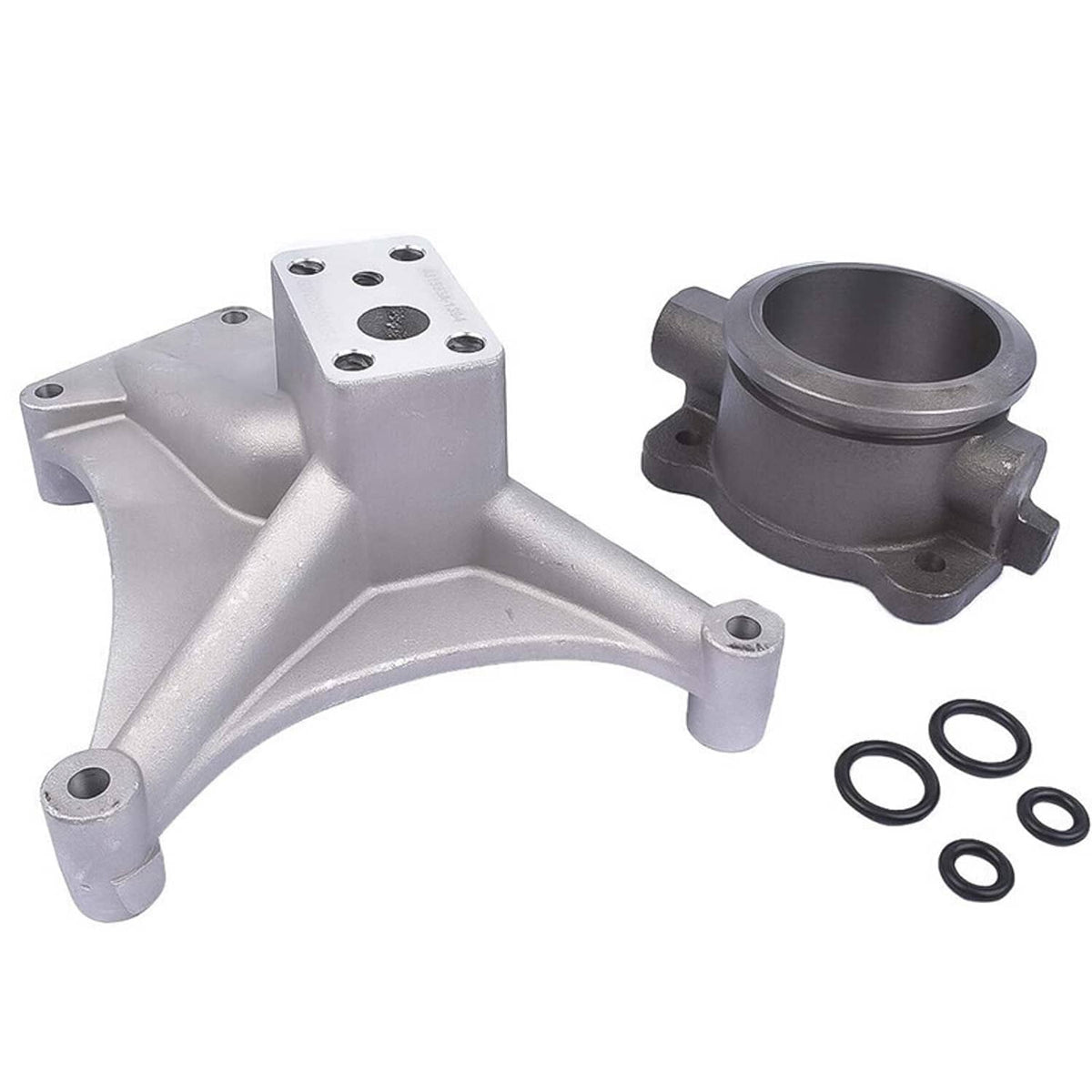 Turbo pedestal and exhaust housing parts with O-ring seals on a silver base