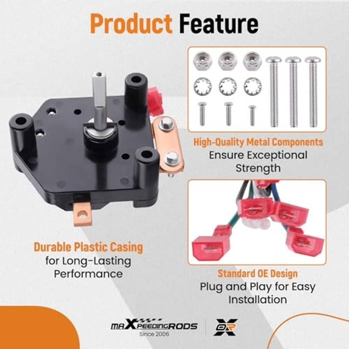 Forward-reverse switch assembly with durable plastic casing and metal components