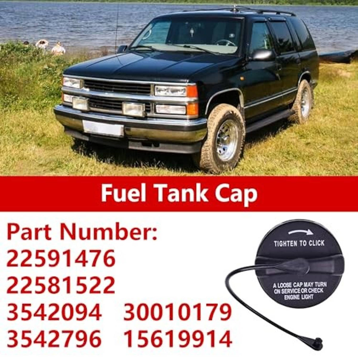 Fuel tank gas cap near vehicle fuel filler opening with close-up inset