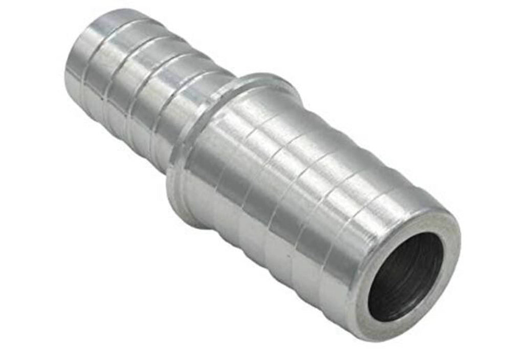 Metal hose barb reducer splice coupler, 5/8 to 1/2 inch, ribbed sleeve with port opening