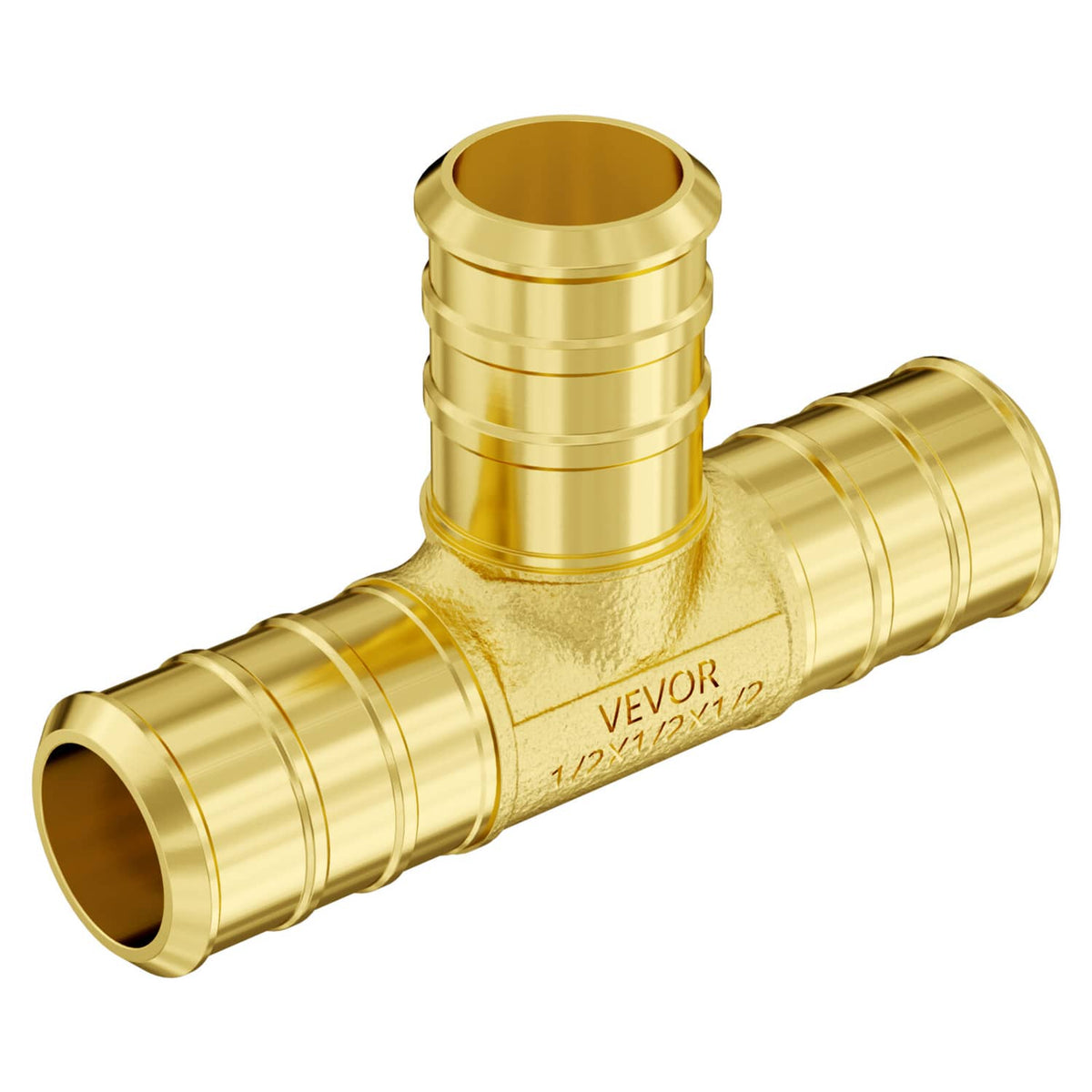Close-up of VEVOR engraved brass clamp-style tee fitting with 1/2 in ports
