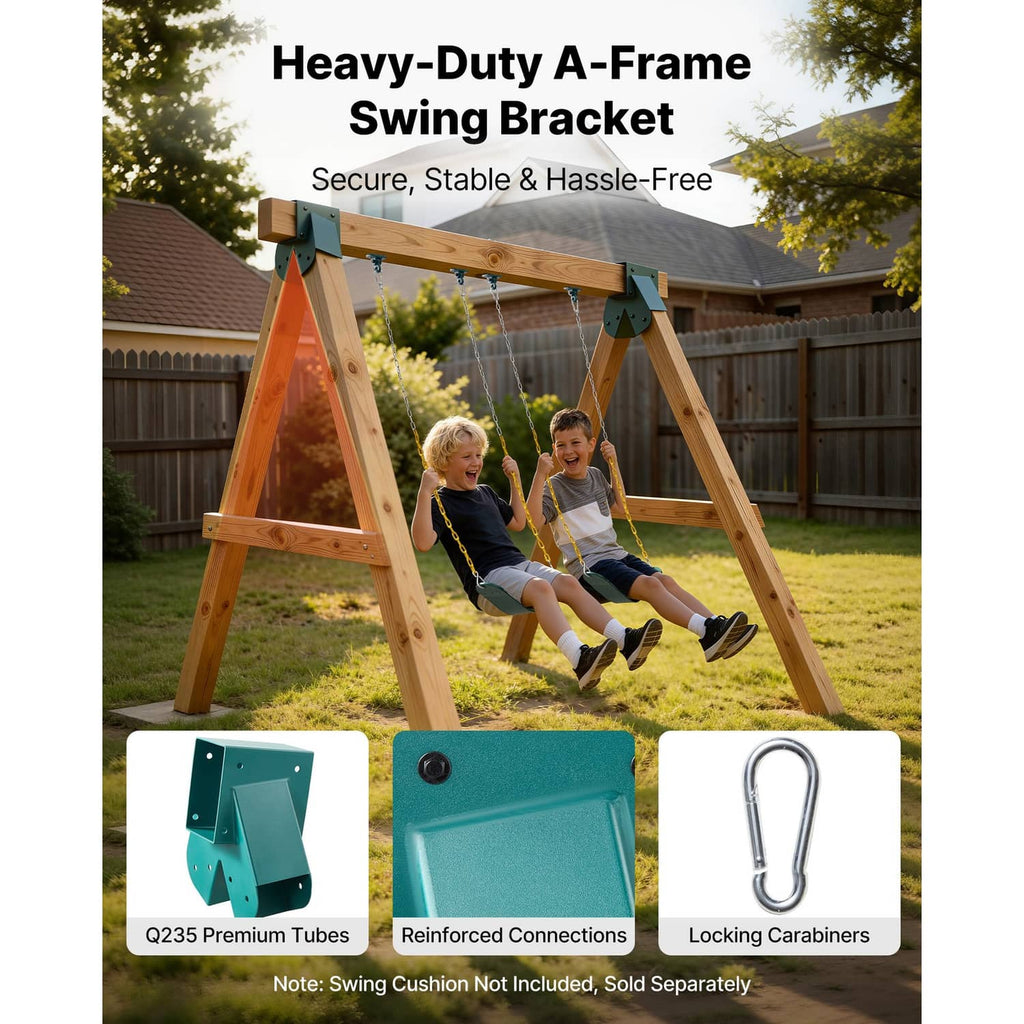 Green A-frame swing set bracket on wooden frame with hanging swing in yard