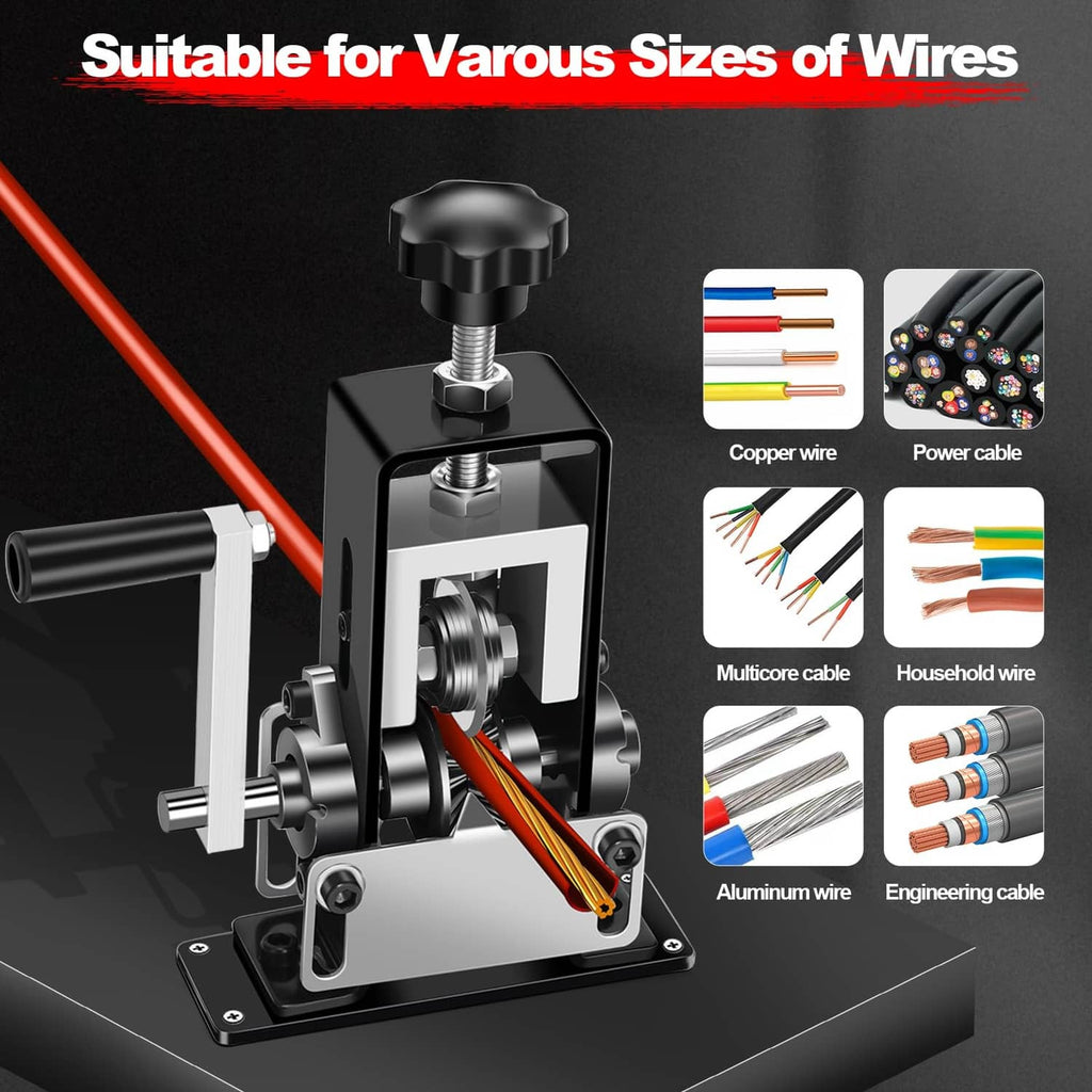 Manual wire stripping machine for various wire types with color-coded cable examples