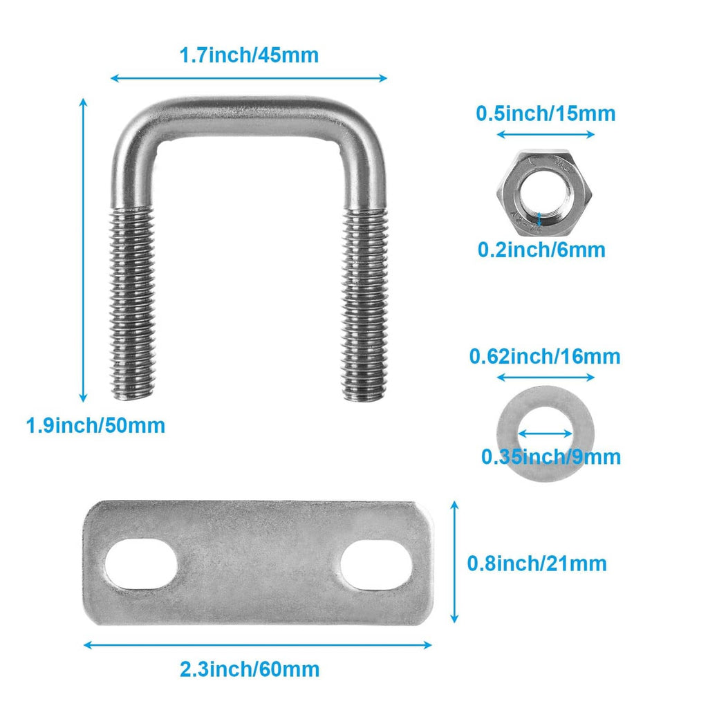 304 stainless square U-bolt with base plate, showing inner width and size dimensions
