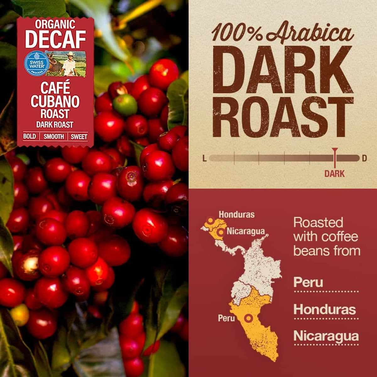 Organic decaf coffee pack with 100% Arabica dark roast and roasted beans information