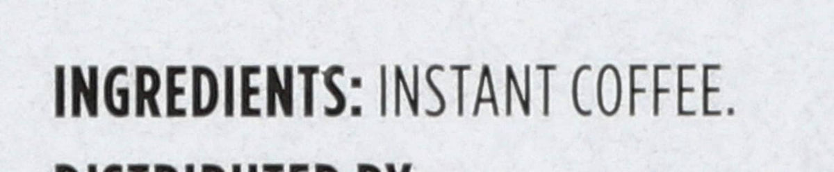 Instant coffee ingredients label close-up with bold text and product details