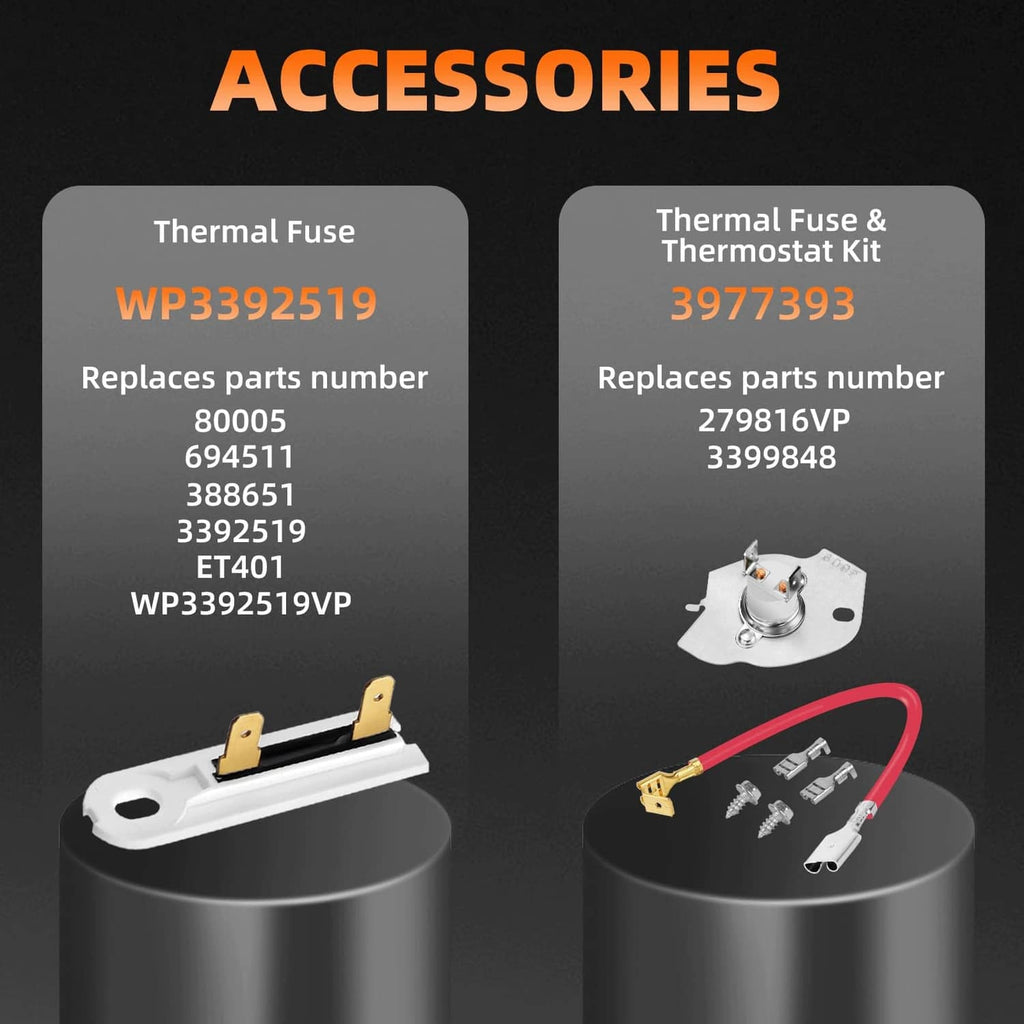 Dryer heating element accessory kit with thermal fuse, thermostat, and red wire harness