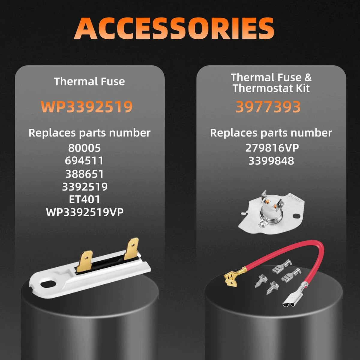 Dryer heating element accessory kit with thermal fuse, thermostat, and red wire harness