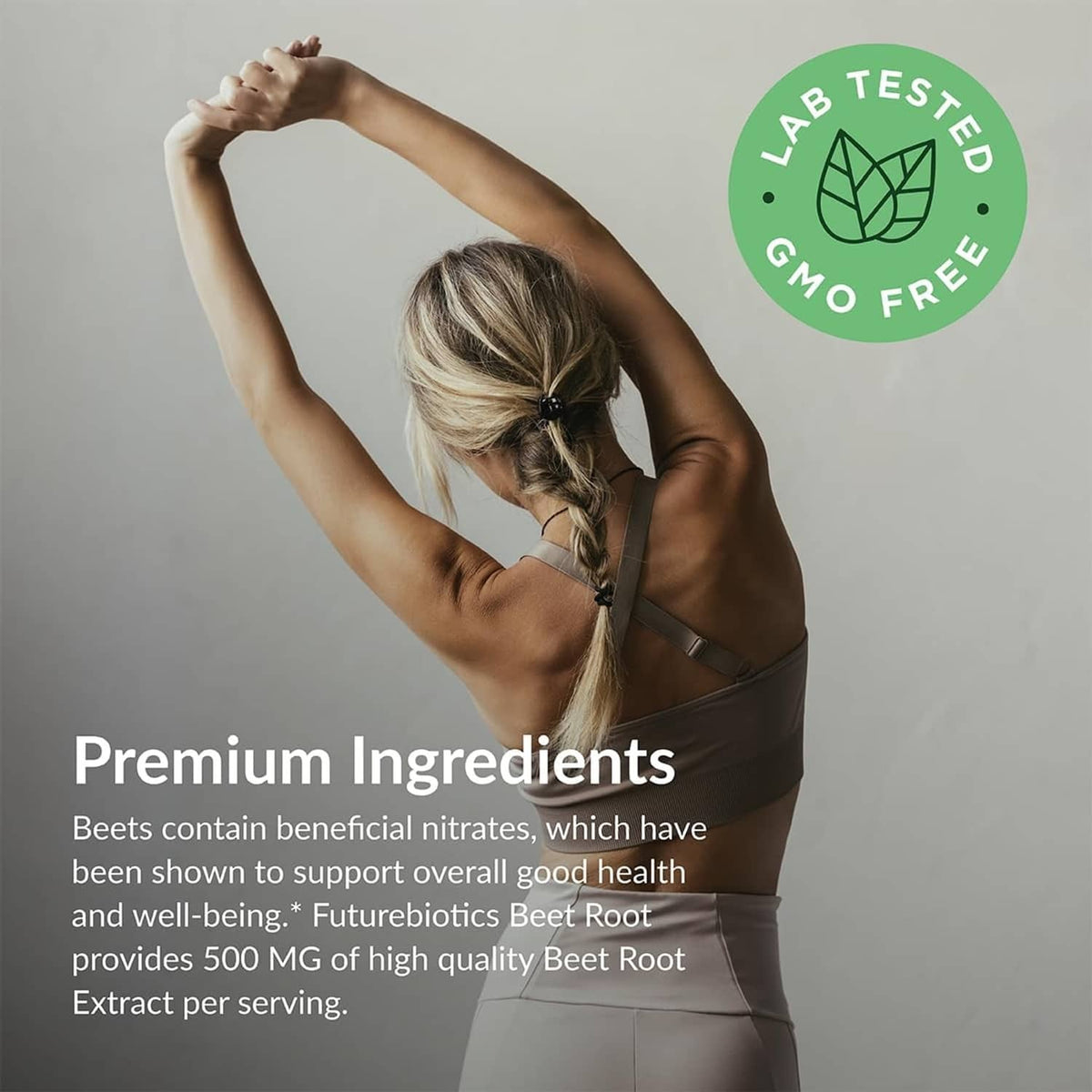 Beet root extra strength supplement bottle with lab tested GMO-free badge