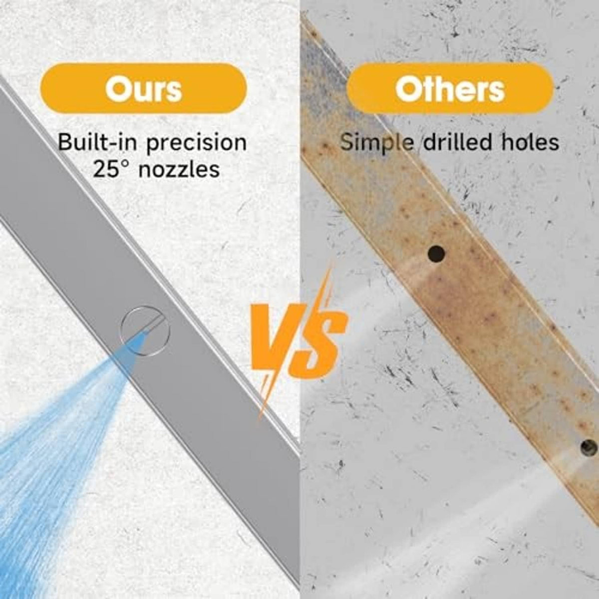 Radiator wand nozzle end with built-in angled spray pattern comparison over metal plate
