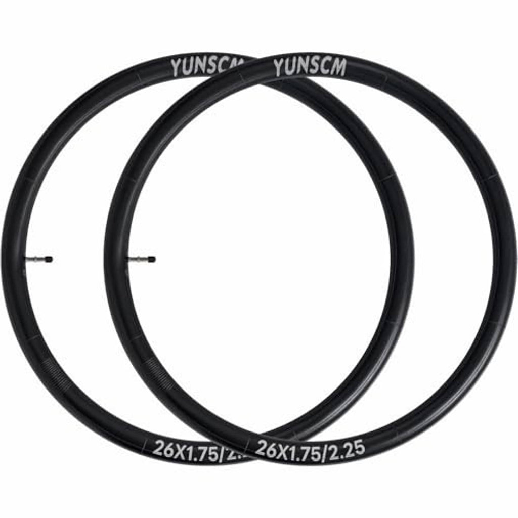 Pair of black 26x1.75/2.25 bike inner tubes, coiled and labeled