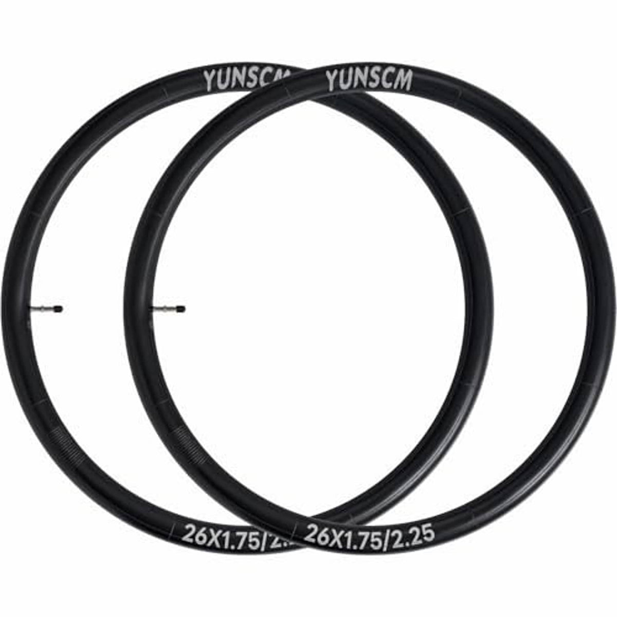Pair of black 26x1.75/2.25 bike inner tubes, coiled and labeled