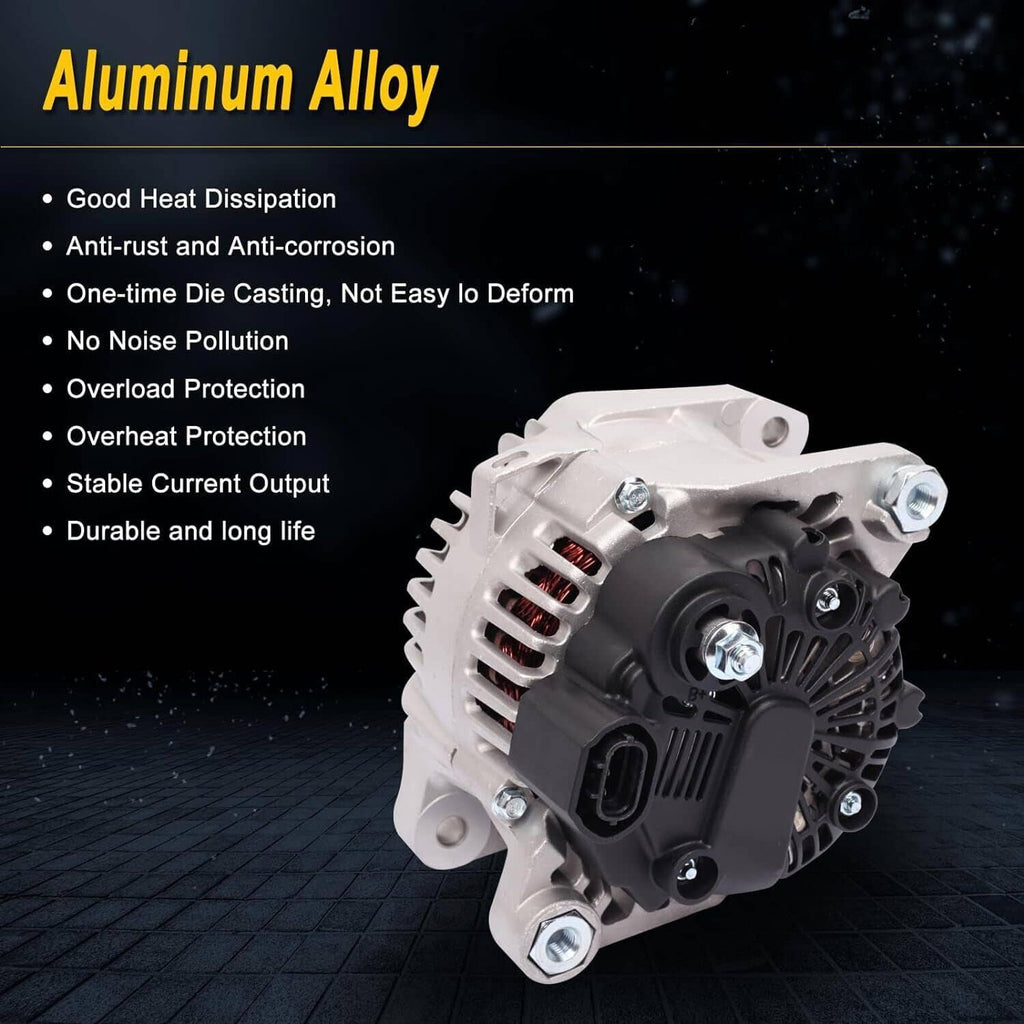 Automotive alternator with vented aluminum housing and black electrical connector