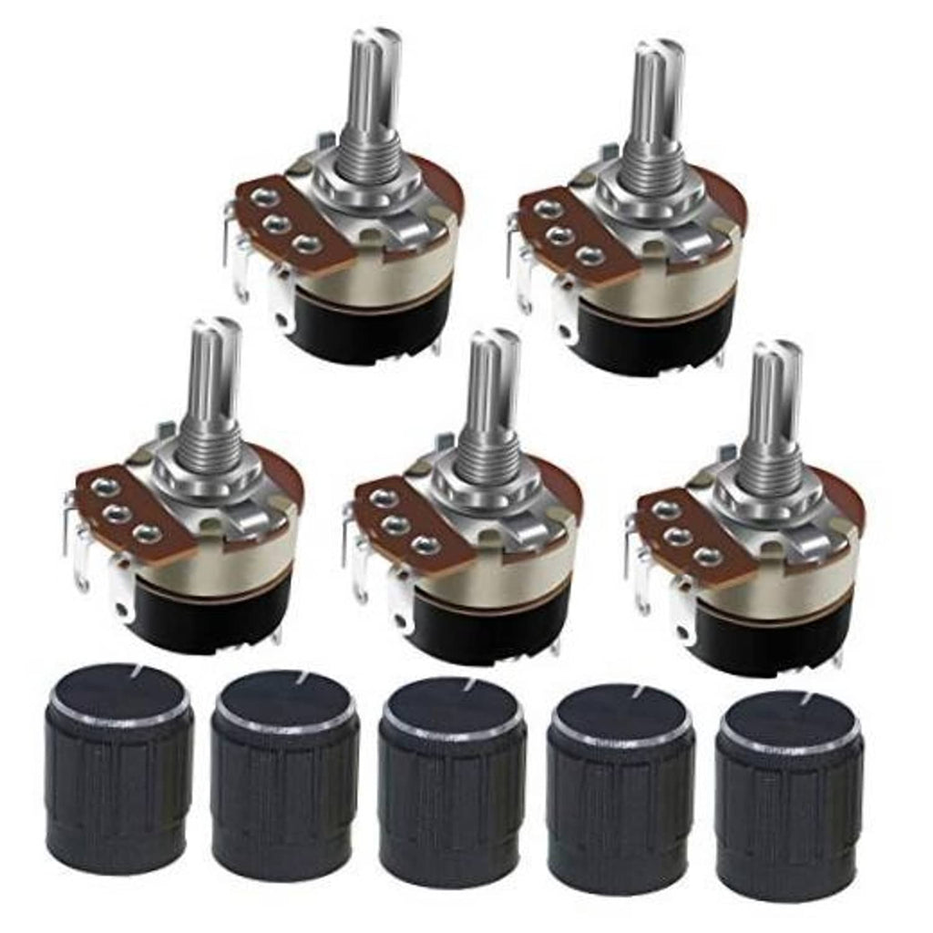 Five-pack rotary potentiometers with switch; metal shafts, brown boards, black knobs