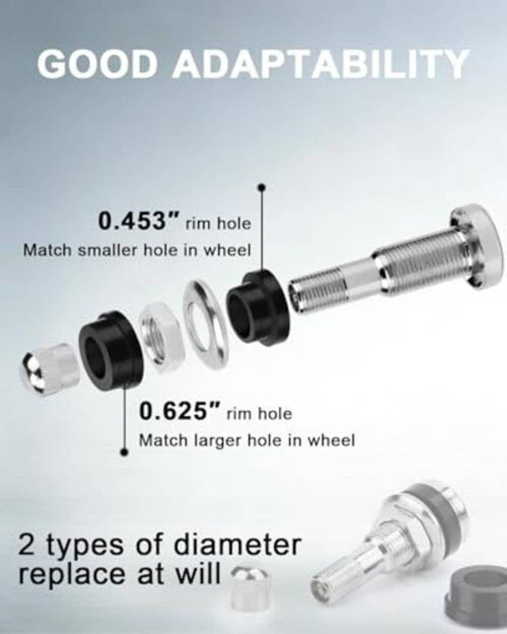 Two-size metal clamp-in tire valve stems, chrome heads with black mounting base