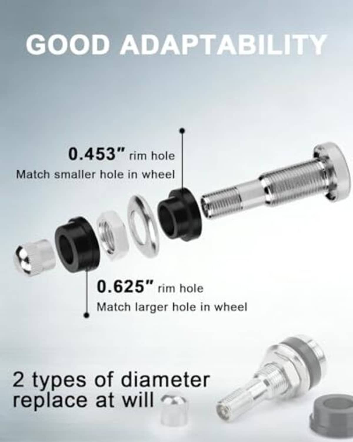 Two-size metal clamp-in tire valve stems, chrome heads with black mounting base