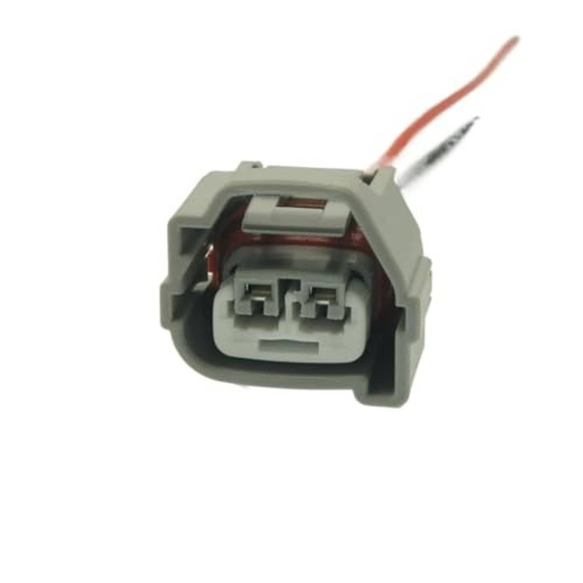 Gray AC compressor connector plug with exposed contact side and red wire lead