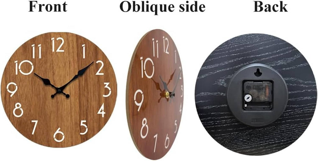Wall clock shown from front, angled side, and back with battery compartment