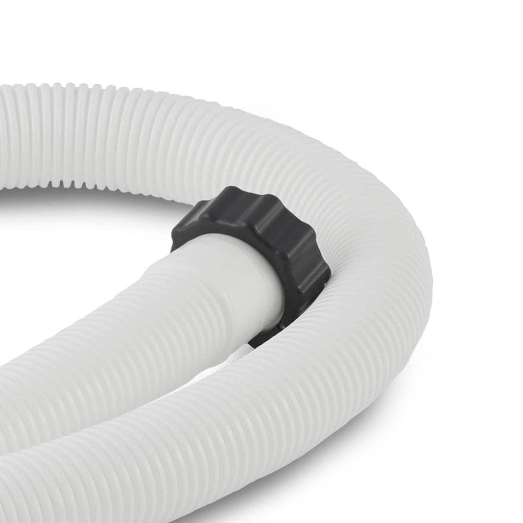 Curved white ribbed pool hose with black connector clamp