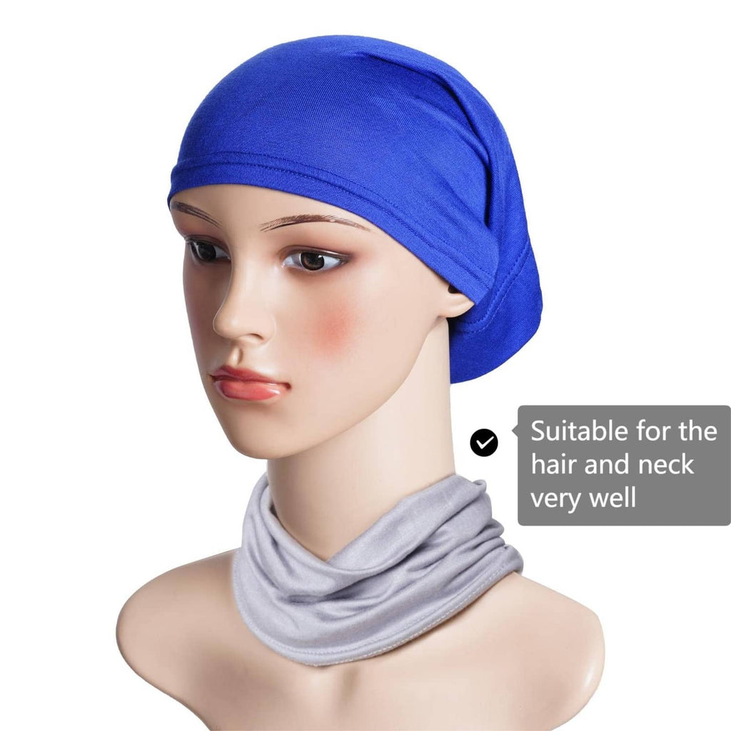 Blue tube head wrap cap on mannequin with gray neck scarf