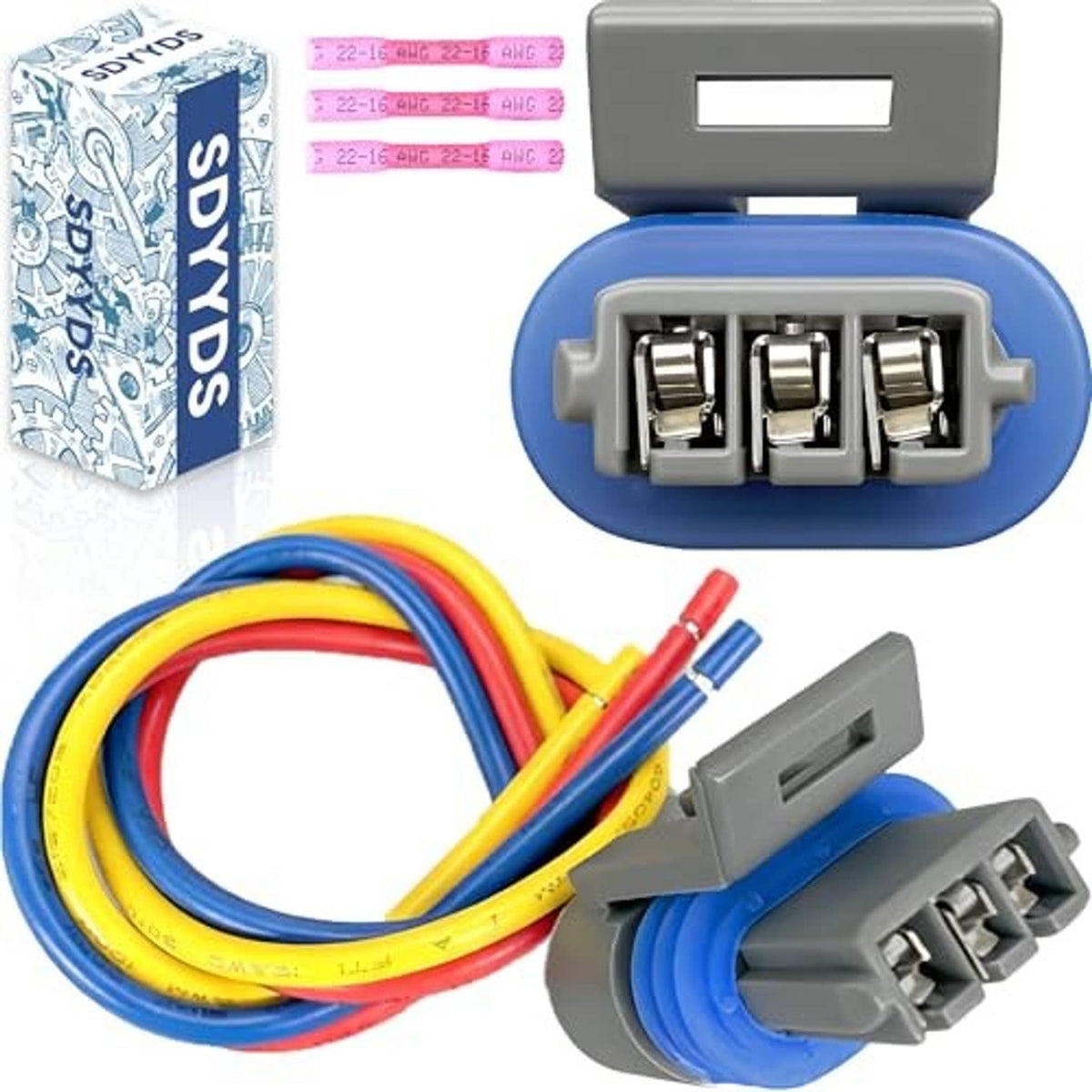 3-pin wiring harness connector set with blue housing, gray plugs, and colored wire leads