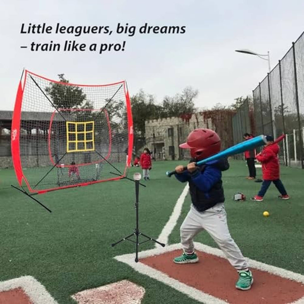 Baseball pitching net with red frame, white mesh, and yellow strike zone target on field