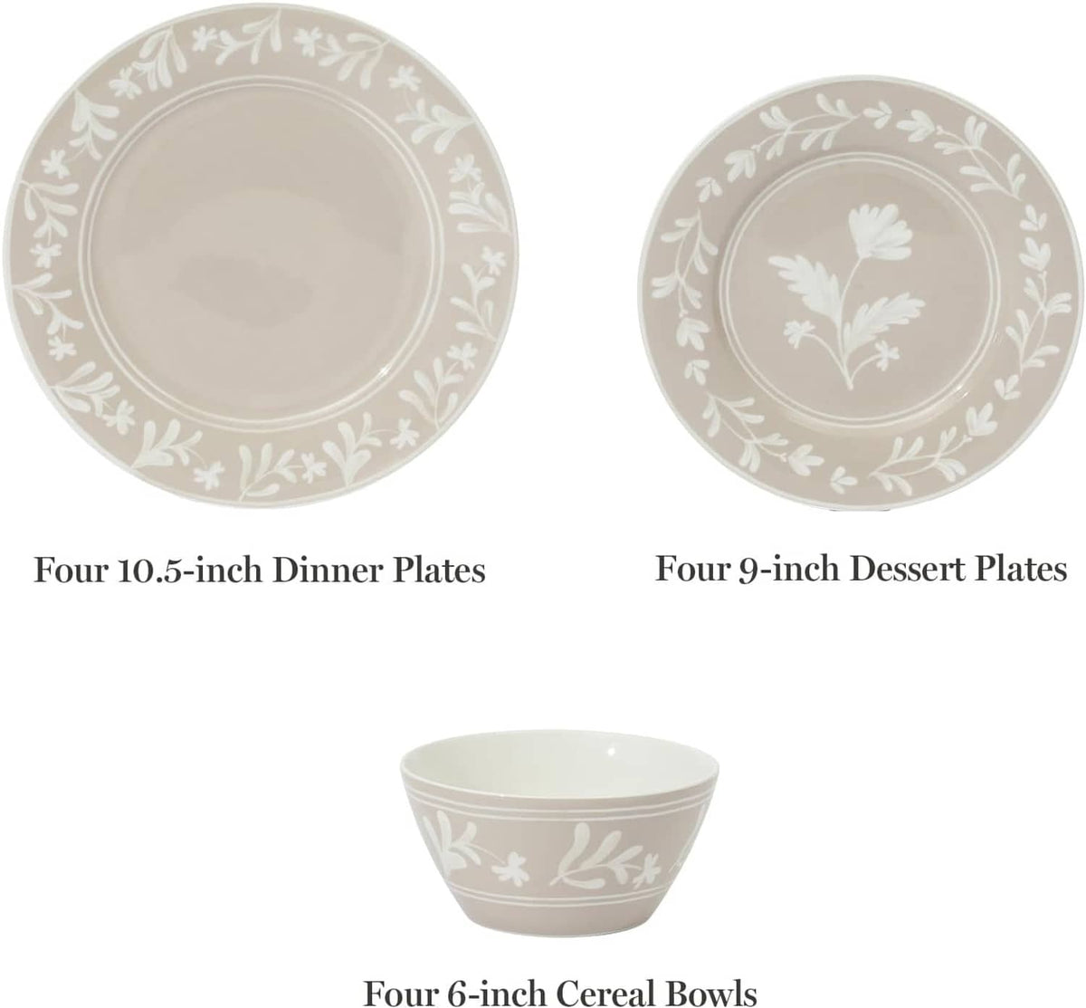Taupe dinner plates, dessert plates, and cereal bowls with white botanical wreath