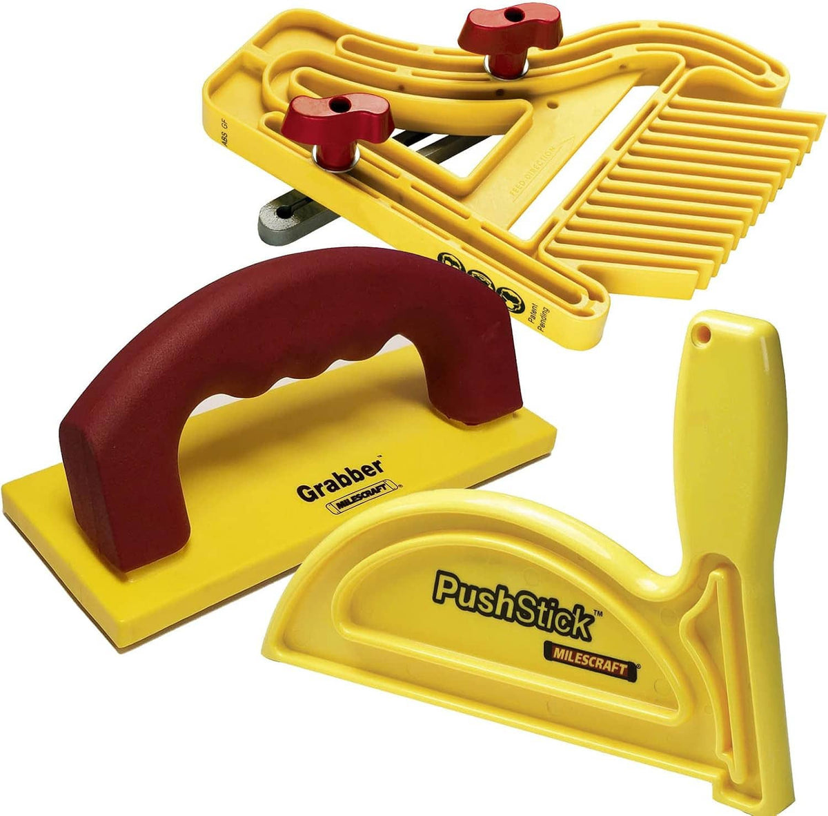 GrabberPro-style push block and PushStick set with yellow tools and burgundy handles